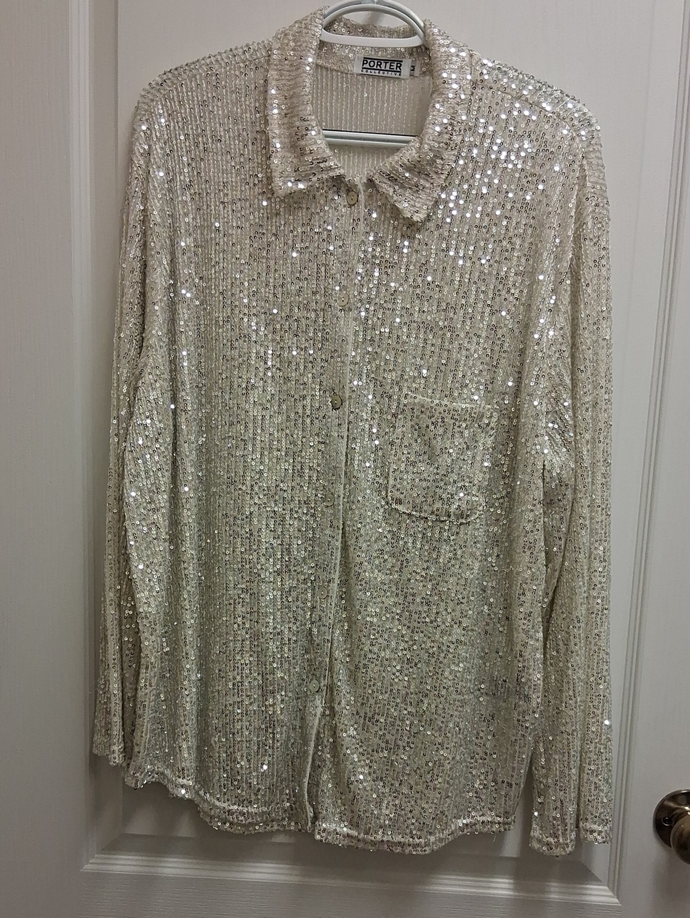 Porter Cream Sequin Button-Up Oversized Shirt